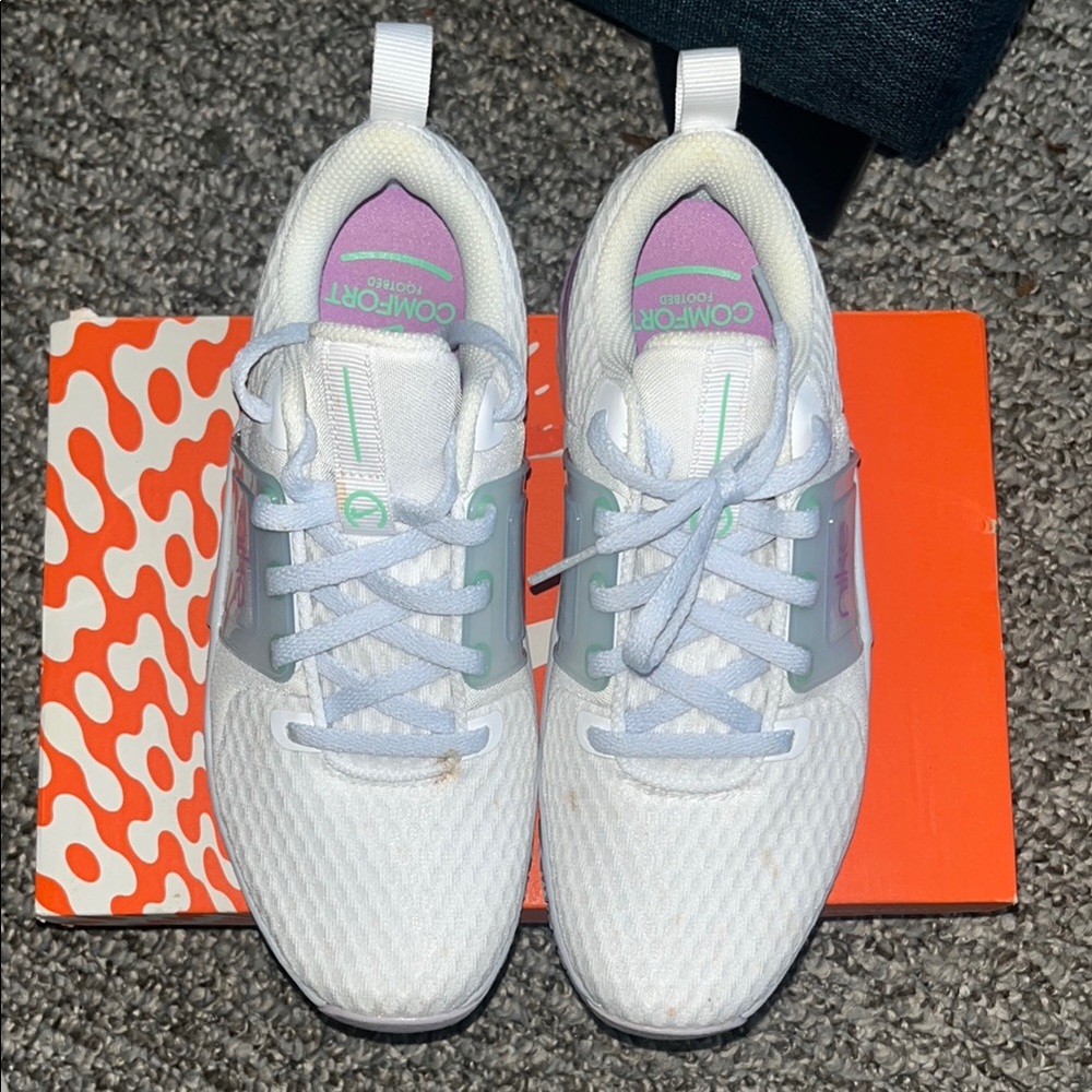 Comfort Foam Women's White Mesh Lace-Up Sneakers with Mint & Lavender Accents
